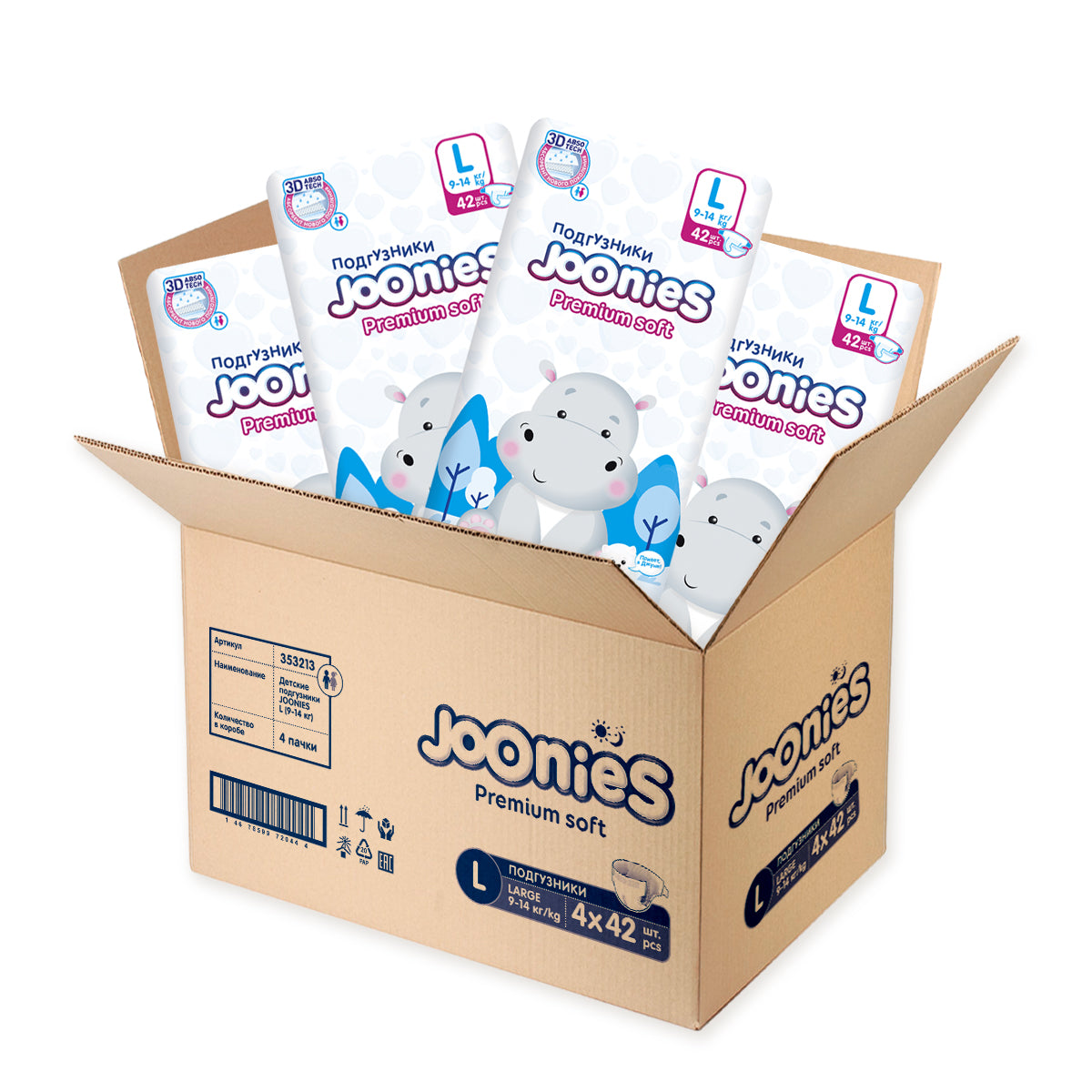 PREMIUM SOFT L 42шт.  9-14 KG подгузники размер 4, короб- 4 уп. 30 лар за уп.